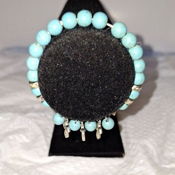 Blue Stone Women's Stretch Charm Bracelet Dyed Howlite Rhinestone Boho - Picture 1 of 7